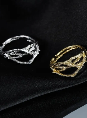 s925银韩版冷淡风树枝缠绕戒指女不规则开口指戒小众设计感