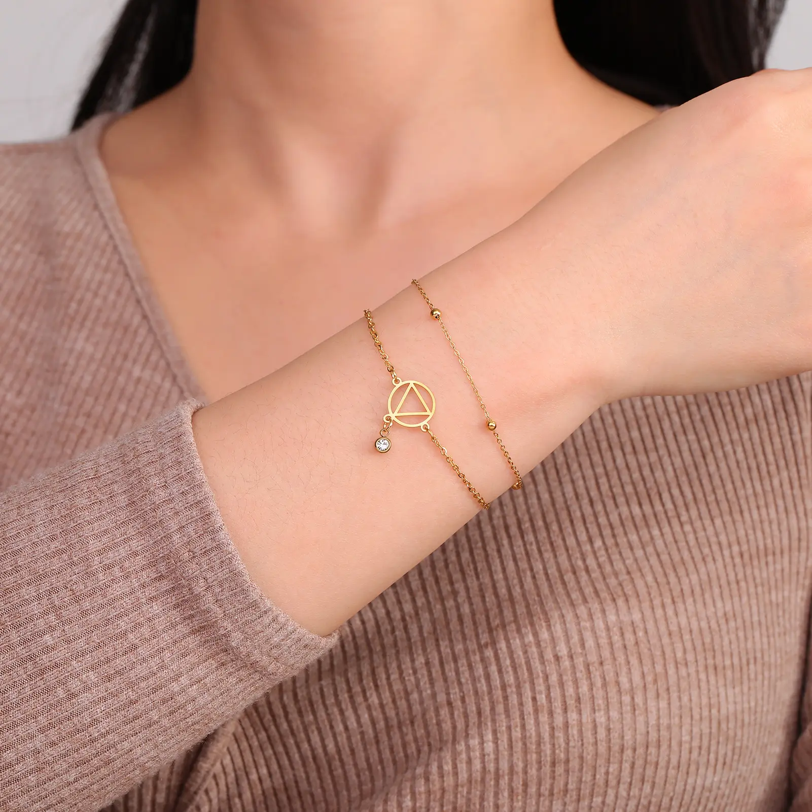 欧美热销外时尚百搭女士三开孔圆环形水钻吊坠钛钢双层珠手链