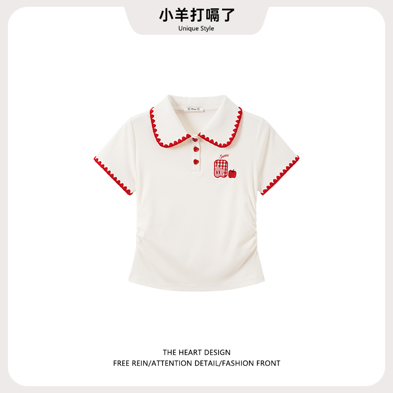 撞色爱心钮扣POLO领短袖格纹苹果刺绣T恤女2025夏季新款白色上衣