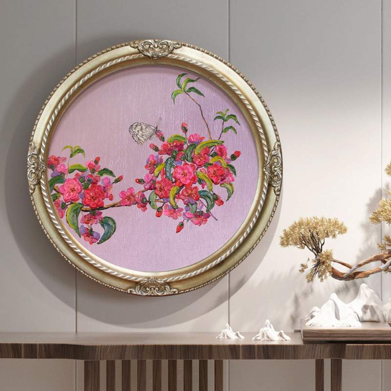 新中式圆形装饰画花卉静物油画进门玄关别墅挂画现代走廊玄关壁画图片