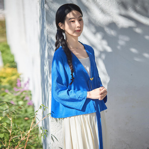 【照本堂】2026春季新款中式棉麻女装简约8支系带开衫上衣W12653