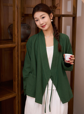 照本堂冬新款舒适棉麻上衣女高端系带汉服复古国风茶服21支W1359