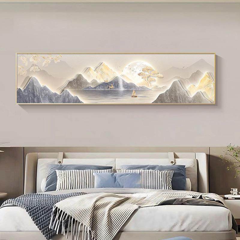 现代轻奢卧室装饰画背有靠山主卧床头横幅挂画客厅高级感山水壁画
