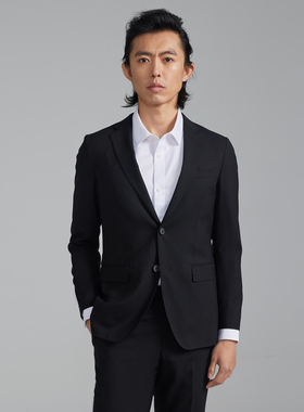 Bland Yeah黑色绵羊毛混纺平驳领西装修身西服外套商务通勤正装男