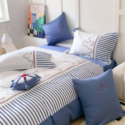 青少年长绒棉条纹数码绣花四件套儿童男孩纯棉被套卡通床品