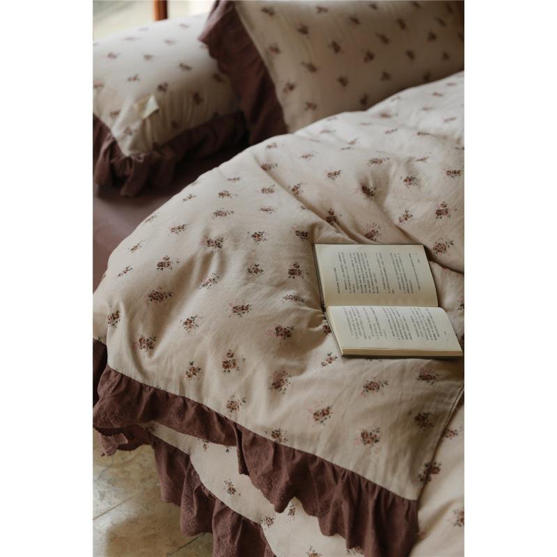 法式复古甜美小碎花全棉双层纱四件套纯棉荷叶边被套轻奢床品