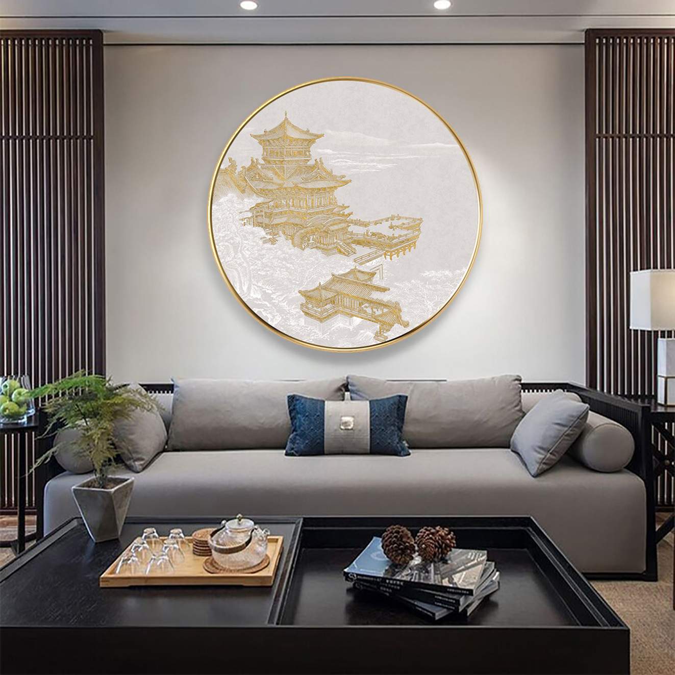 沙发背景墙装饰画酒店别墅走廊过道竖版中国建筑挂画立体装饰画图片