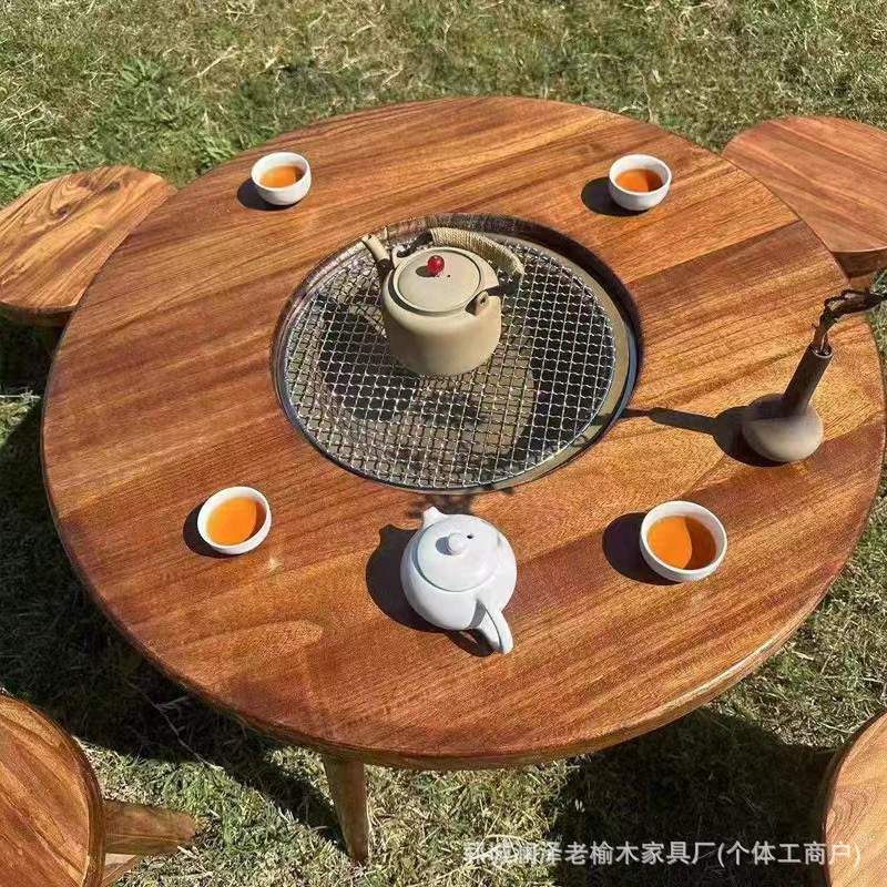 实木梧桐木开洞火锅桌冬季围炉煮茶禅意圆形茶桌阳台围炉桌组合