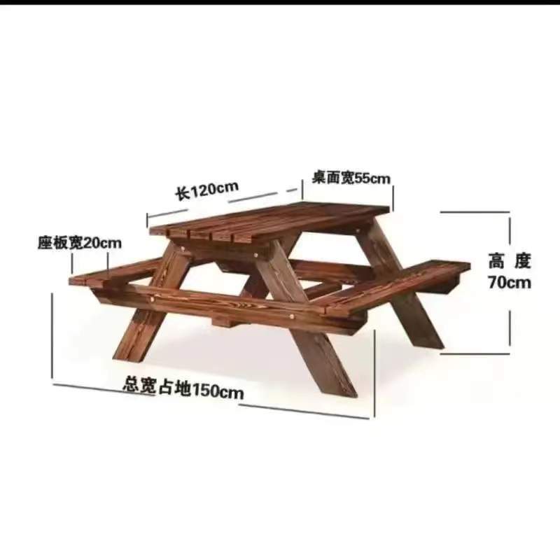 户外小区防腐木连体桌椅带伞公园室外庭院实木休闲桌椅三件套组合