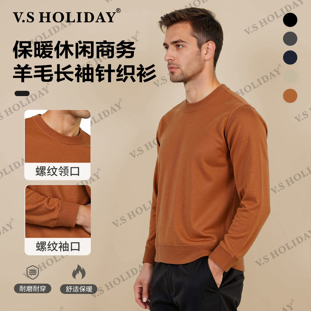 V．SHOLIDAY圆领羊毛针织衫男秋季常规款打底衫长袖商务休闲/888