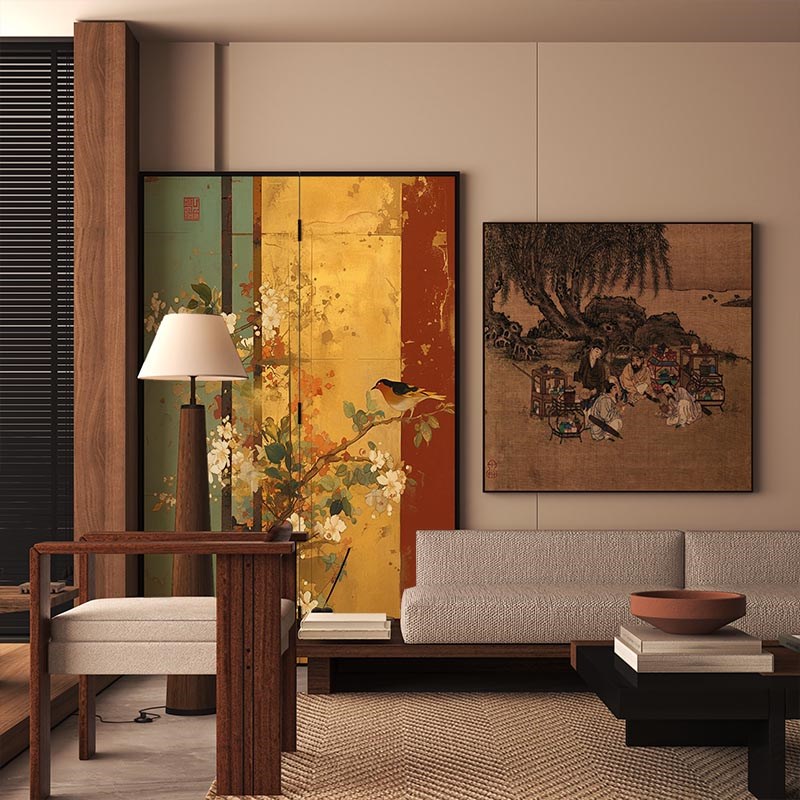 新中式屏风隔断客厅装q饰宋代美学沙发背景墙折叠移动遮挡复古花
