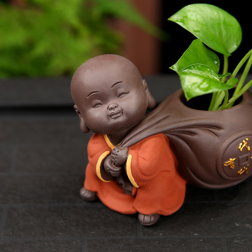 创意小和尚插花小众高q级办公桌面装饰摆件花瓶紫砂陶瓷水培绿植