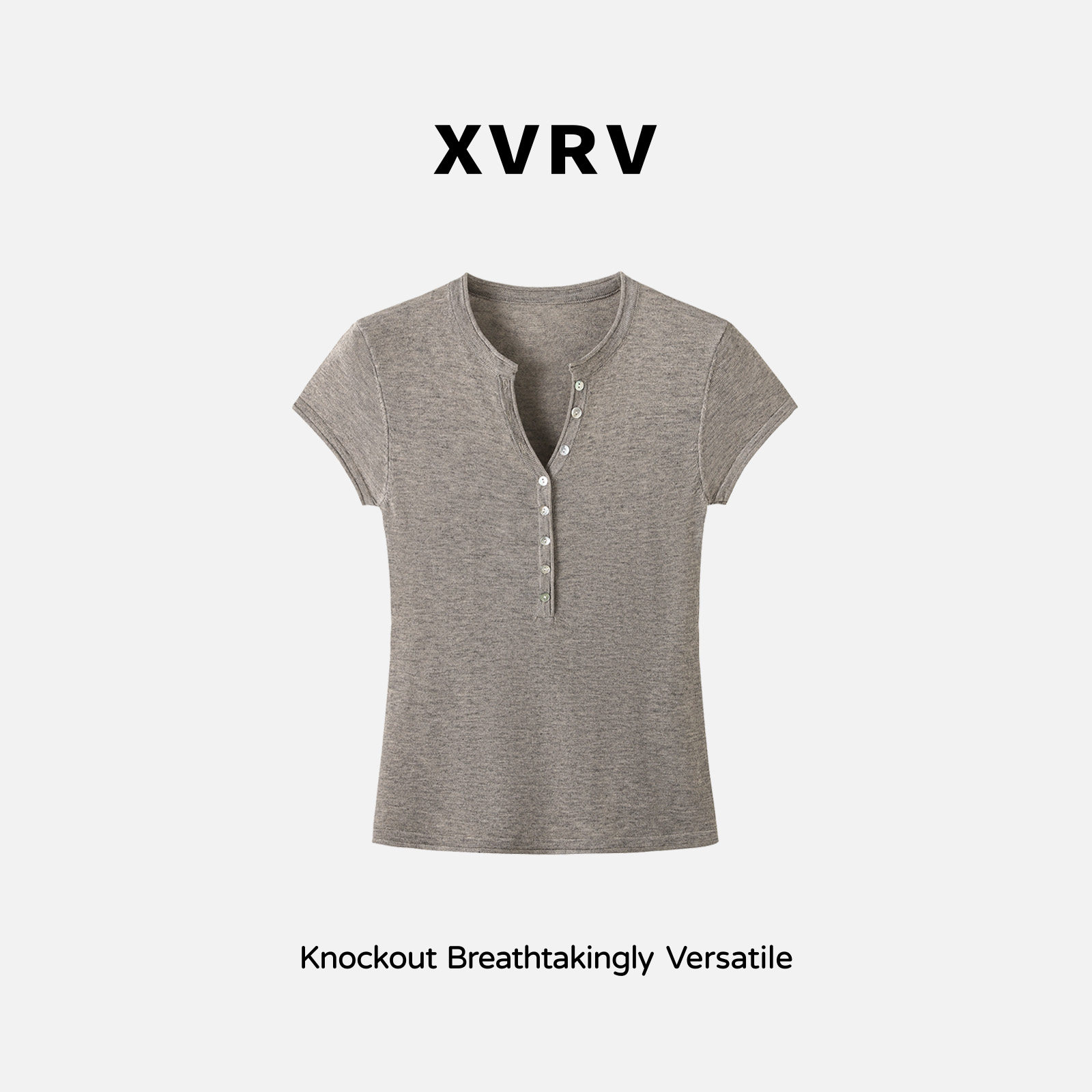 XVRV2026夏季新款设计感正肩针织短袖T恤女纽扣亨利领显瘦上衣服图片