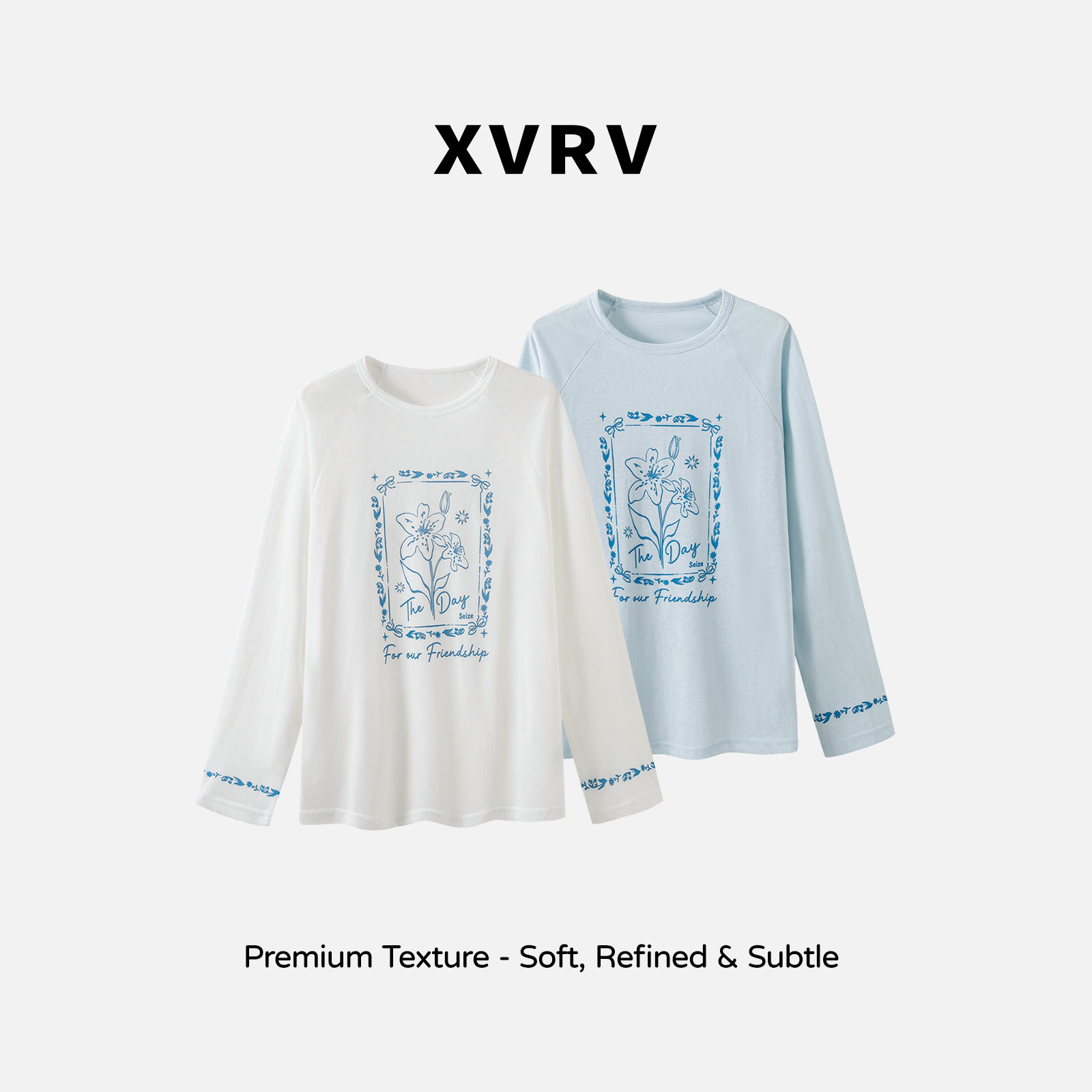 XVRV设计感浅蓝圆领T恤女印花长袖2026夏薄款防晒罩衫宽松上衣图片