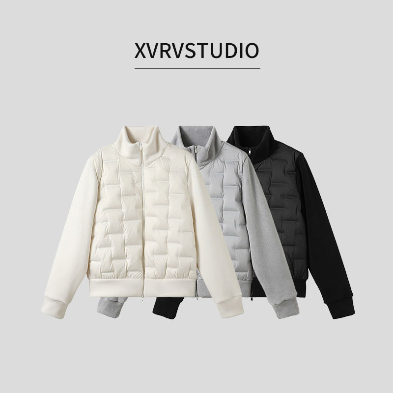 XVRV轻薄运动90鸭绒羽绒服女摇粒绒拼接纯色保暖百搭上衣外套