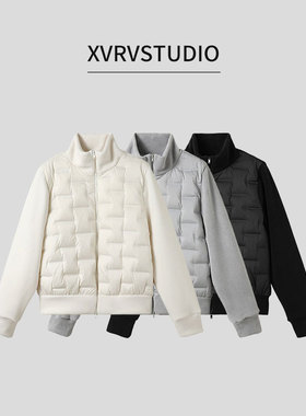 XVRV轻薄运动90鸭绒羽绒服女摇粒绒拼接纯色保暖百搭上衣外套