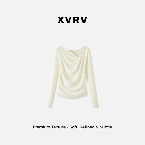 XVRV2026早秋新款温柔风斜荡领不规则褶皱长袖女百搭显瘦运动T恤