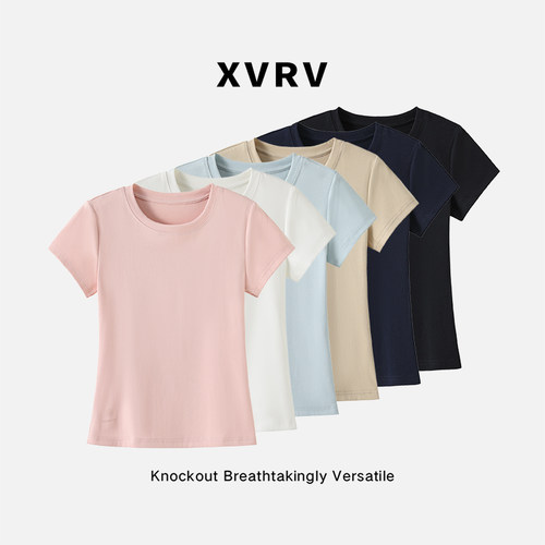 XVRV2026夏新款基础圆领正肩百搭短袖T恤女纯色宽松修身减龄上衣