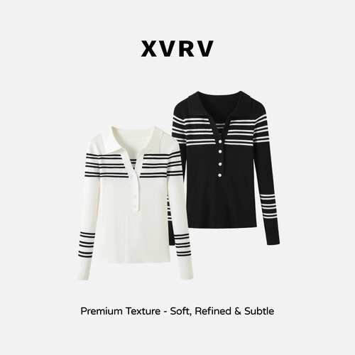 XVRV早秋新款撞色条纹学院风polo翻领针织衫长袖半开领运动T恤女