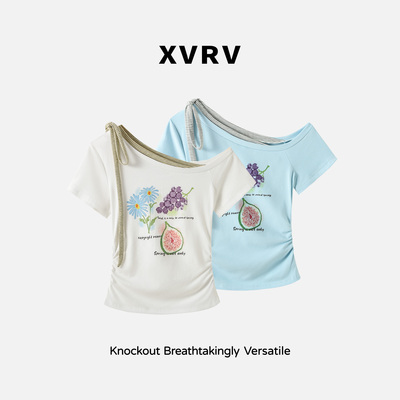 XVRV2026夏季新款趣味印花条纹短袖拼接斜肩绑带T恤休闲运动上衣