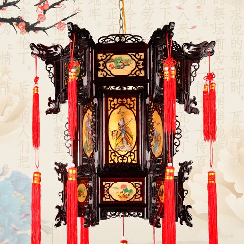 中式实木宫灯仿羊皮灯笼阳台户外防水吊灯别N墅大门乔迁结婚红灯