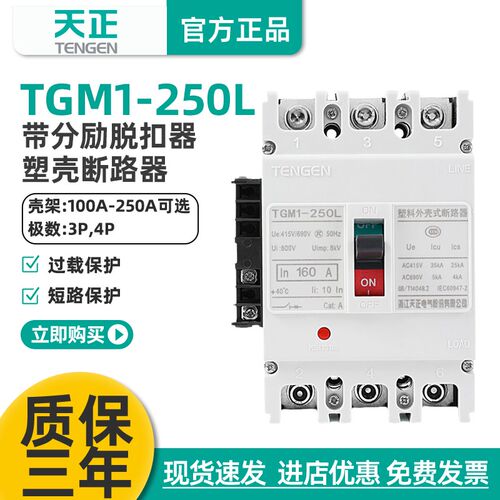天正 塑壳断路器TGM1空开3310带消防分励脱扣器远程强切200A250A