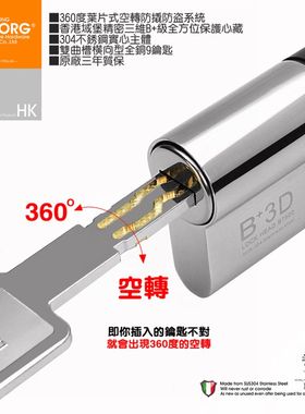 香港域堡精密3D叶片防盗360度无限空转304不锈钢防盗门锁芯B7500