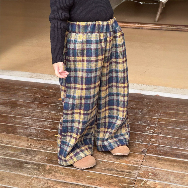 黄格毛呢直筒复合加厚阔腿裤