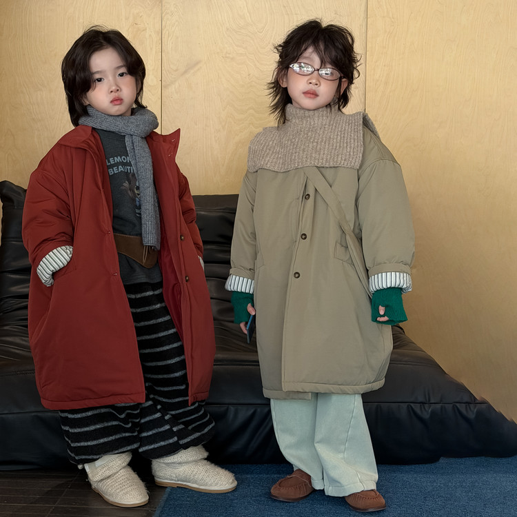 儿童中长款立领廓形棉服女童工装风衣外套加厚棉袄