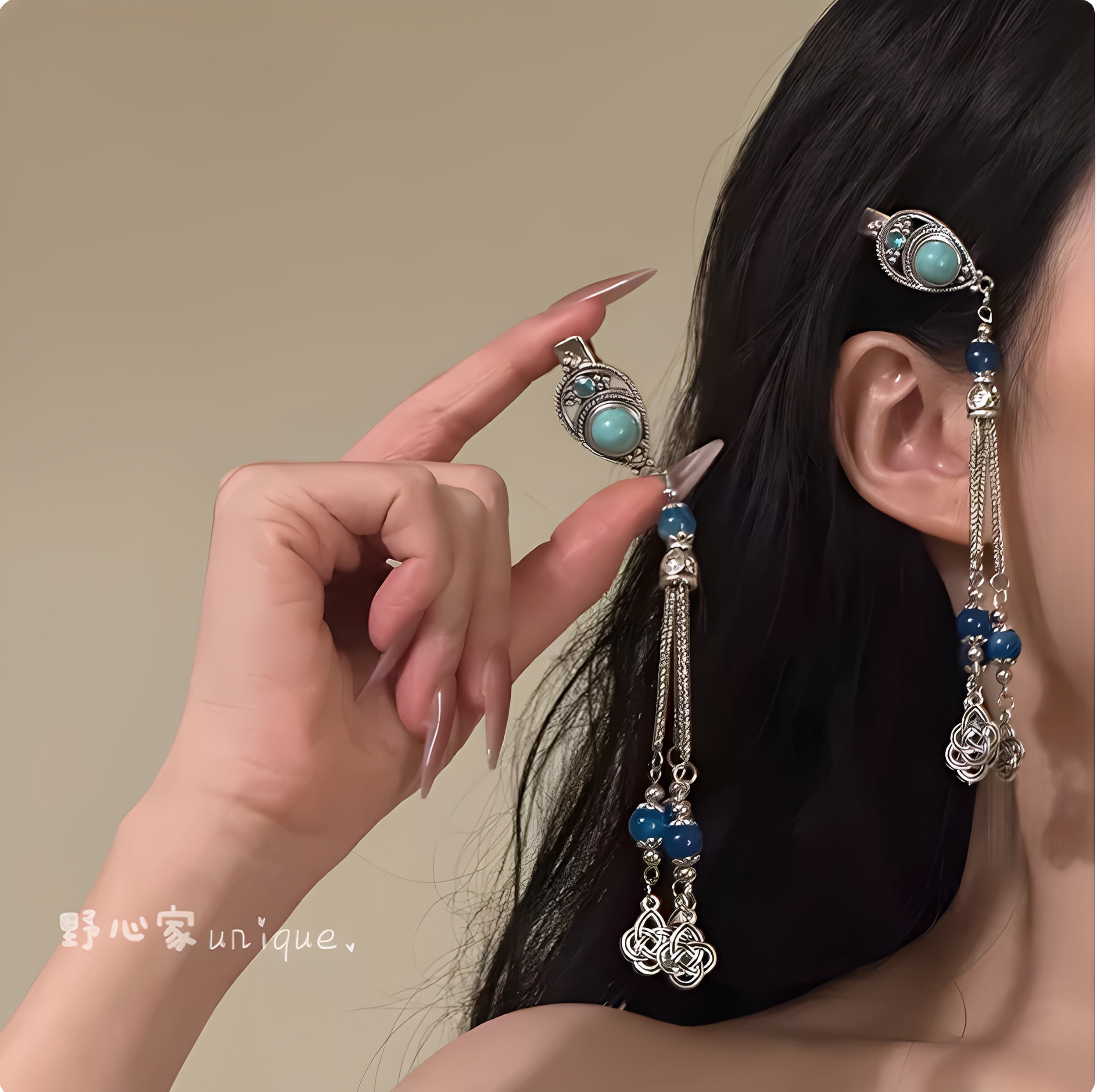 新中式绿松石铃铛流苏发夹女国风复古侧边夹高级感蒙古发饰头饰
