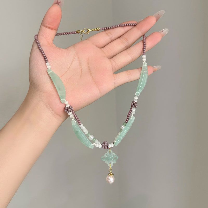 复古仿翡翠玉髓藕节多层璎珞项链女古风汉服马面裙配饰长款锁骨链