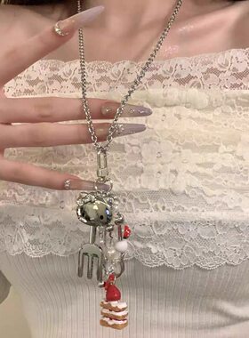 甜酷挂脖叉子蛋糕猫吊坠项链女