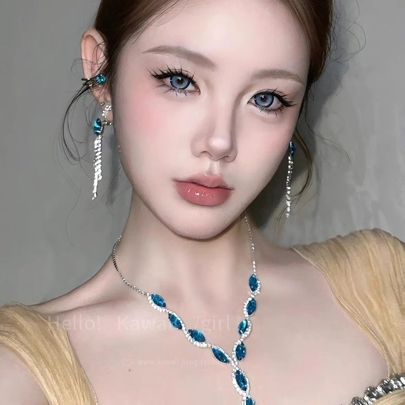 蓝色流苏水滴锆石项链耳环轻奢宫廷风气质高级锁骨链新娘婚纱配饰