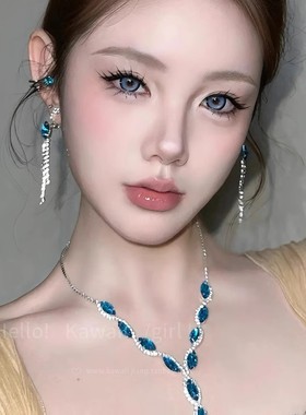 蓝色流苏水滴锆石项链耳环轻奢宫廷风气质高级锁骨链新娘婚纱配饰