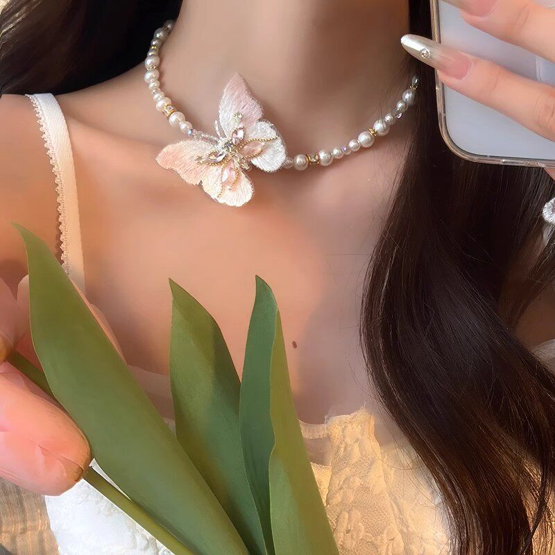韩版精致仙气少女甜美蝴蝶珍珠项链简约小众高级感夏季新款锁骨链