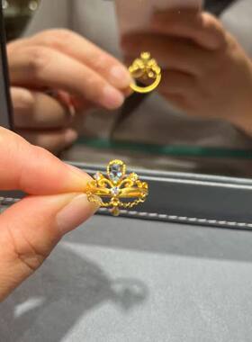 宫廷风复古海蓝皇冠金戒指女新款
