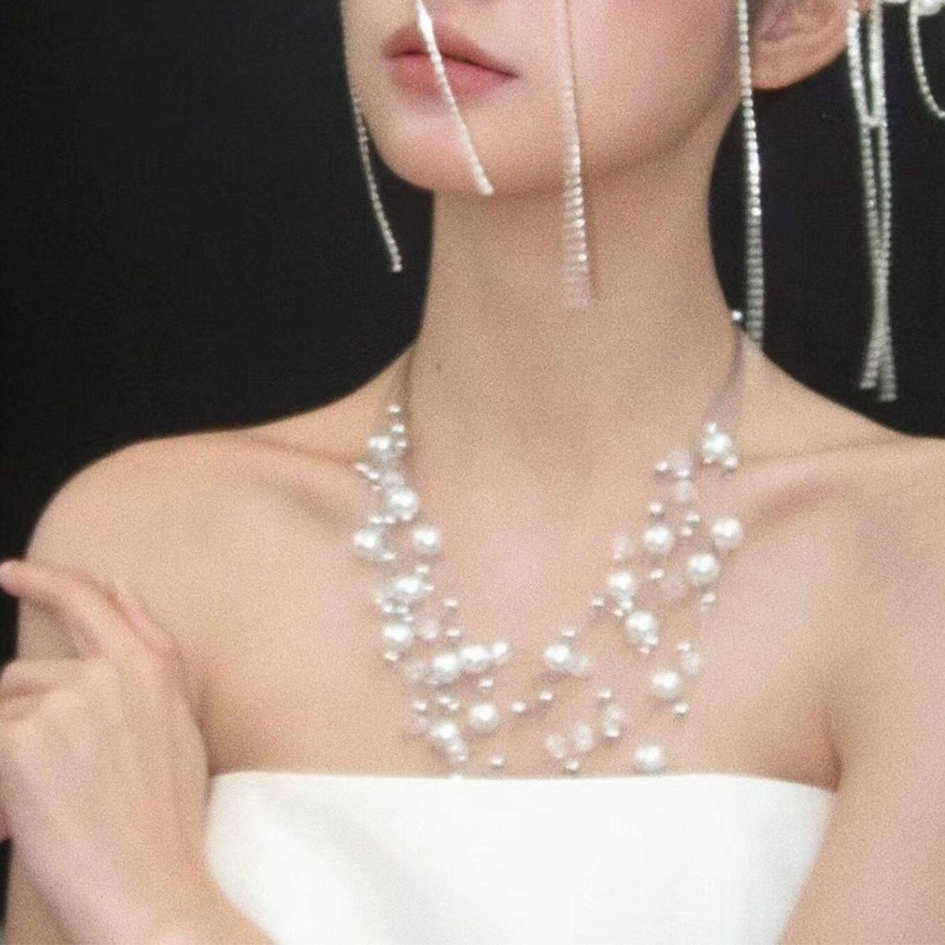 复古巴洛克异形珍珠水晶多层叠戴项链女款气质流苏毛衣链时尚颈链