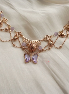 原创设计紫色蝴蝶铃铛脚链汉服古风cos配饰流苏异域风情礼物手链