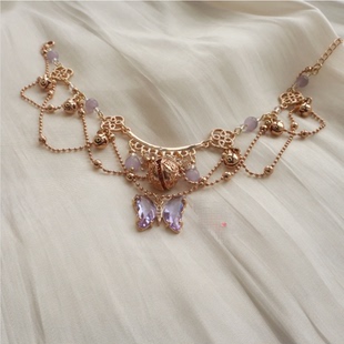 原创设计紫色蝴蝶铃铛脚链汉服古风cos配饰流苏异域风情礼物手链