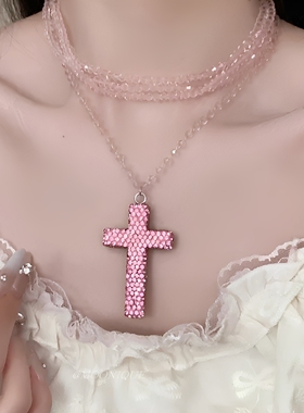 辣妹串珠满钻十字架双层多层叠戴项链女潮酷小众轻奢高级感锁骨链