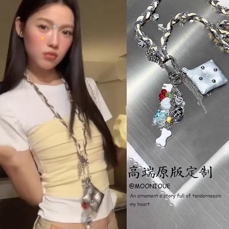 原创手工朋克编织多元素吊坠项链百搭小众设计感长款毛衣链包挂链