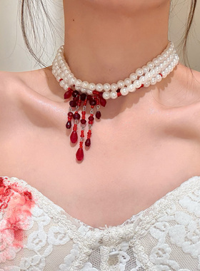 万圣节饰品流血项链滴吸血鬼圈chocker多层cosplay鬼圣诞珍珠哥特