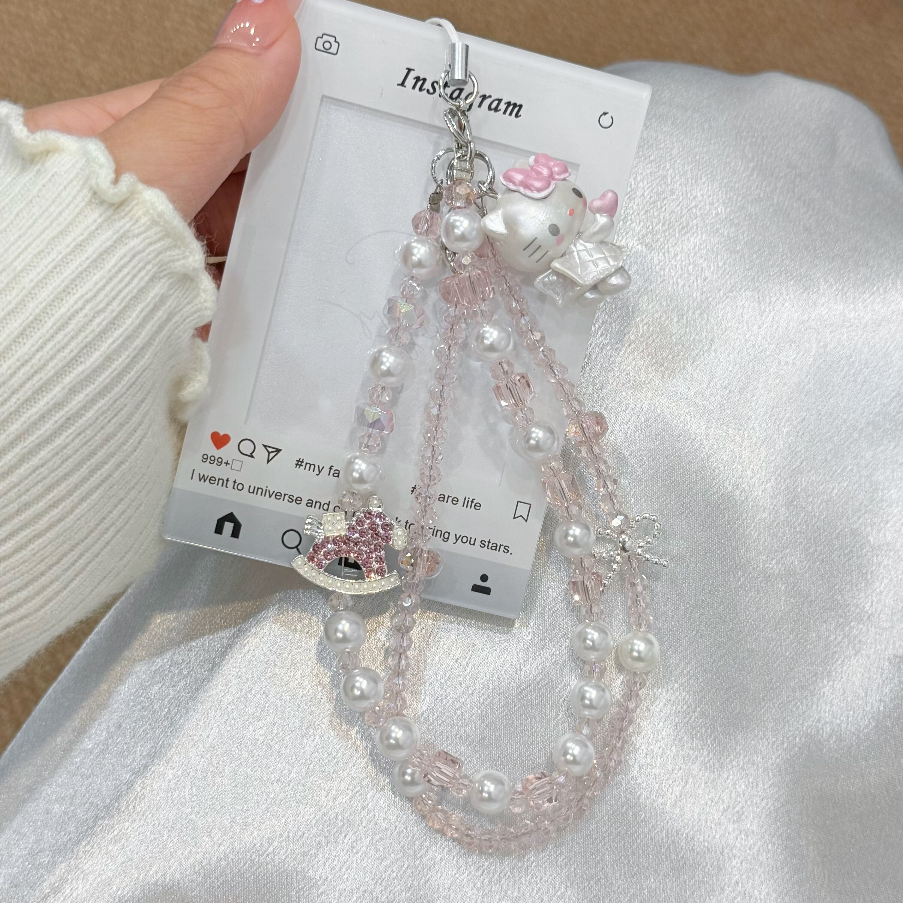 粉色珍珠闪钻木马串珠手机链可爱kitty手机挂件钥匙扣ccd挂链饰品