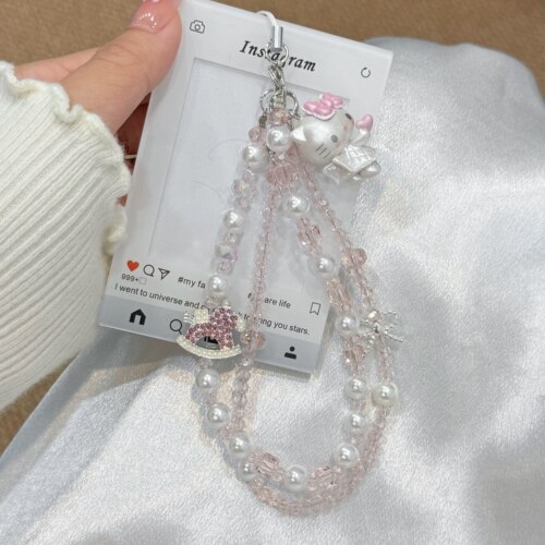 粉色珍珠闪钻木马串珠手机链可爱kitty手机挂件钥匙扣ccd挂链饰品