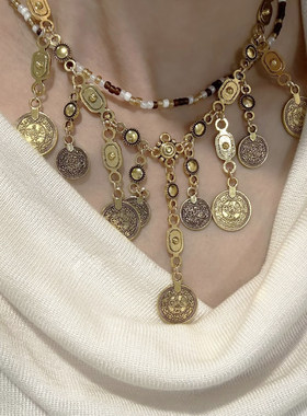 波西米亚金色圆牌多流苏项链小众美式辣妹度假风高级感双层锁骨链