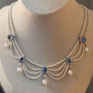 「蓝斑丽」蓝色串珠手工编织多层项链新款 锁骨链流苏颈链配饰女士