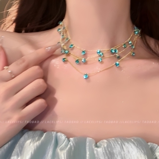 晚宴主角！多层叠戴项链女2025新款轻奢高级感蓝钻锁骨链颈链配饰