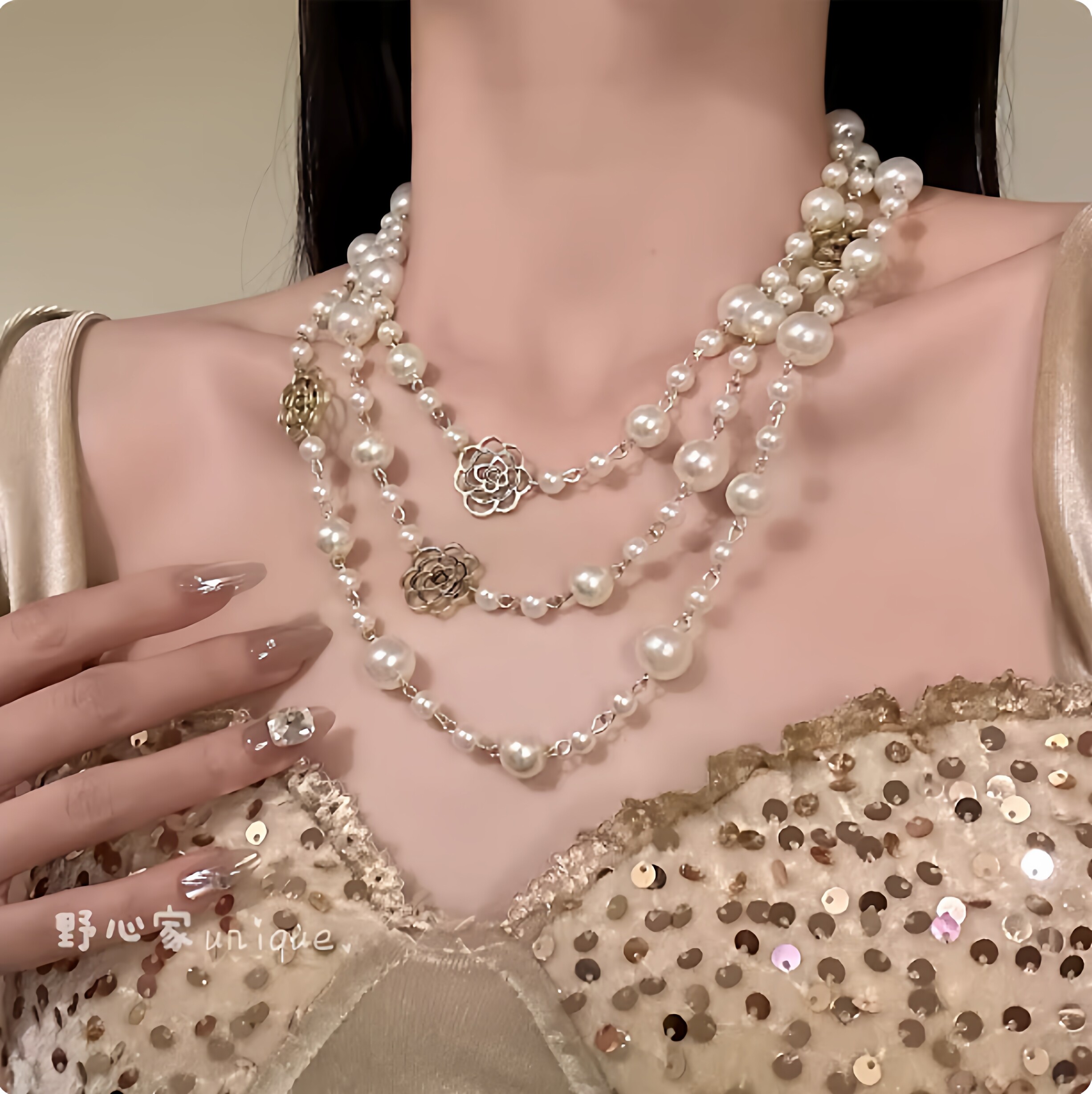 多层珍珠配裙子项链女轻奢小众高级感海边颈链长款叠戴配饰锁骨链