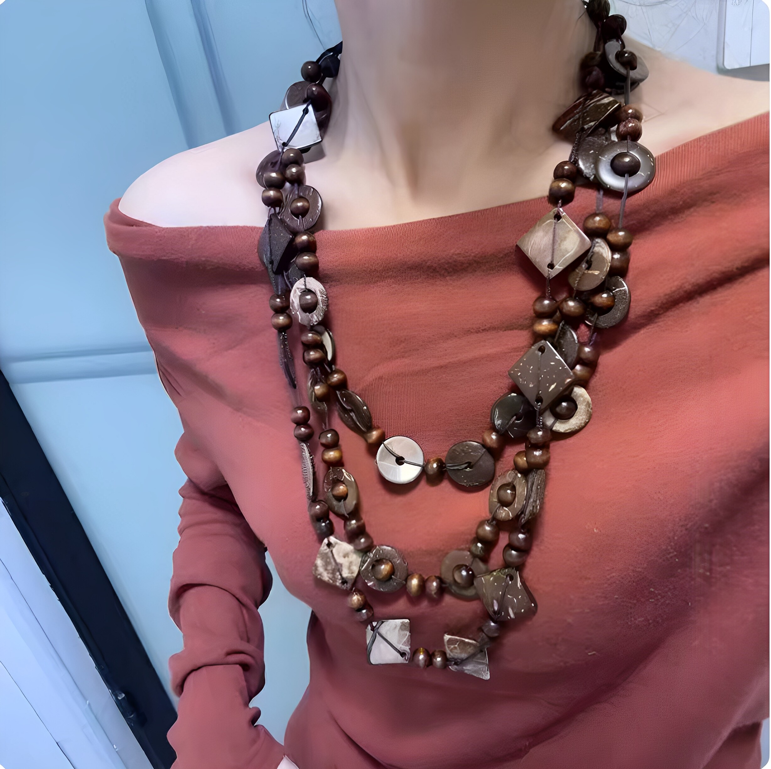 波西米亚咖色椰壳花朵项链女手工编织多层叠戴串珠配饰民族风挂件