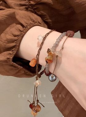 新中式复古叠戴木质纽扣手链